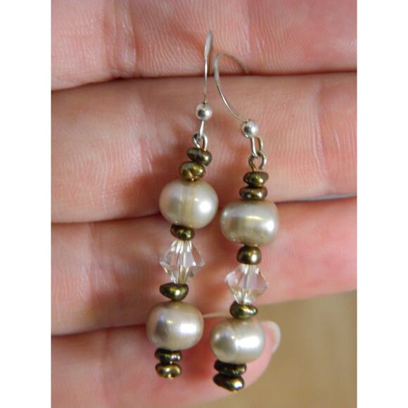 Vintage Drop Earrings Pearls Rhinestones Silver - Picture 7 of 7